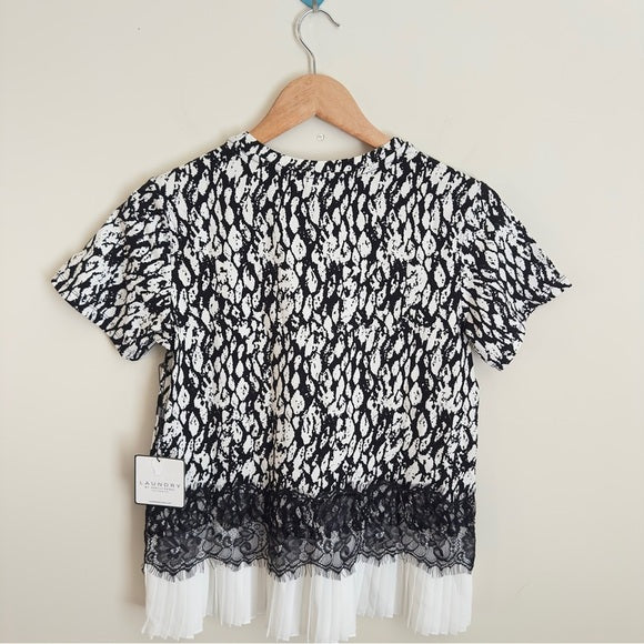 Laundry by Shelli Segal Women’s Short Sleeve Lace Insert Pleated T-Shirt Size XS