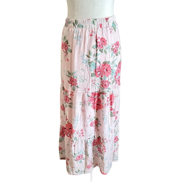 AGB White Floral Maxi Women’s Lining Lightweight Elastic Waist Skirt – Size L