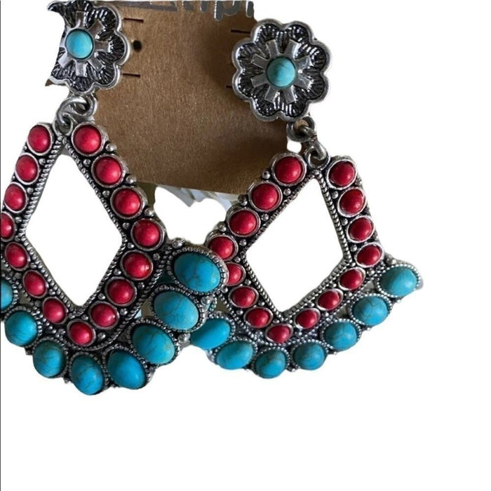 New Vintage Unique Red & Turquoise Multi Dangle Earrings