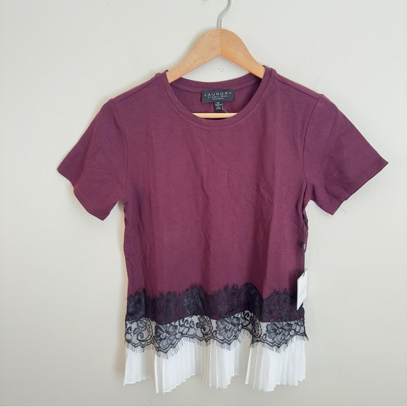 Laundry by Shelli Segal Women’s Short Sleeve Lace Insert Pleated T-Shirt Size XS