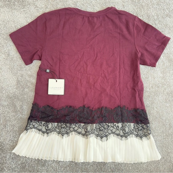 Laundry by Shelli Segal Women’s Short Sleeve Lace Insert Pleated T-Shirt Size XS