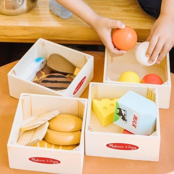 Food Groups - 21 Wooden Pieces and 4 Crates, Multi - Play Food Sets For Kids