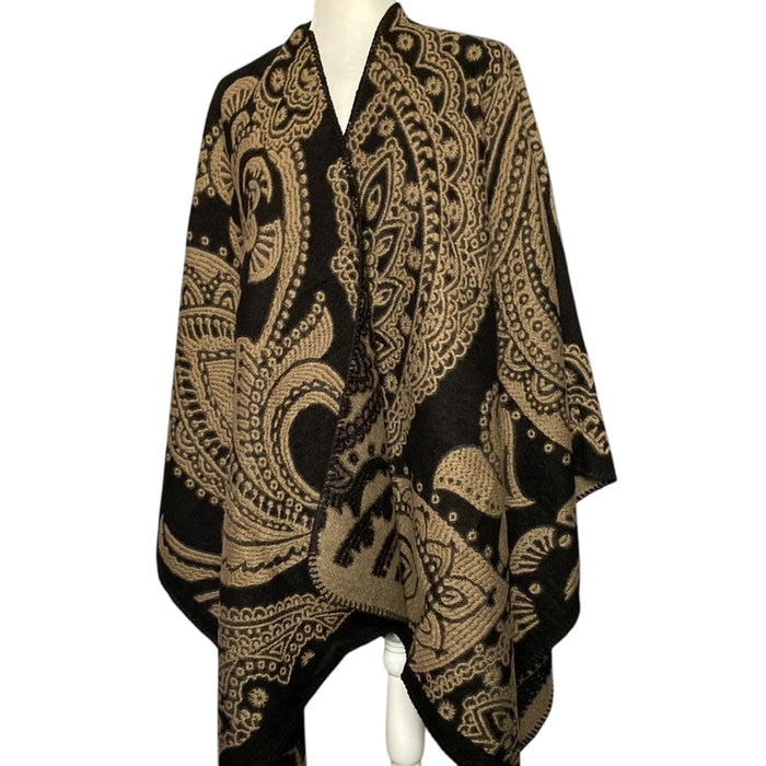 Panacheprose NEW!Coverup  Jacquard  Poncho Reversible Brown Black Cute Super Soft Style…