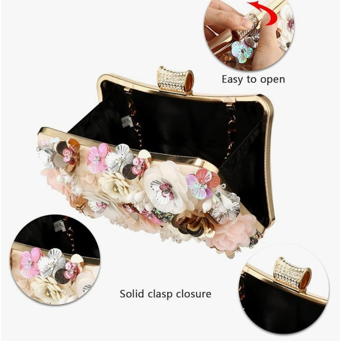 New Colorful Floral Evening Clutch – Rhinestone-Embellished Handbag (Ship Today)