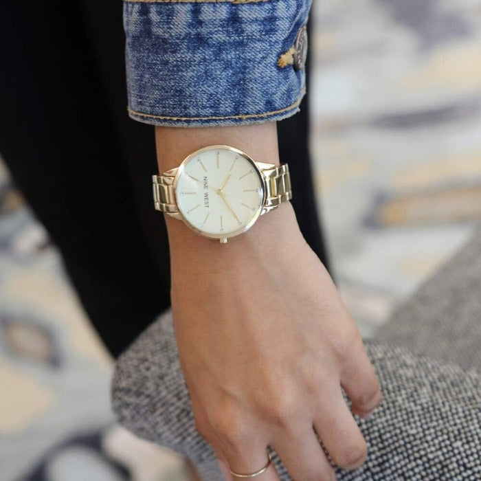 Nine West Women Gold Nine West Crystal Accented Bracelet Watch