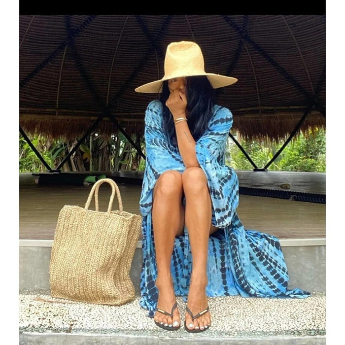 New Bohemian Tie Dye Blue Beach Swim Coverup Maxi Duster Front Tie Flowy Omb…