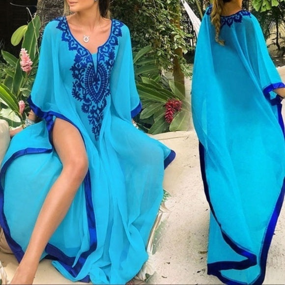 Boho Embroidery Ocean Caftan Coverup Maxi Dress ⭐️⭐️⭐️⭐️⭐️