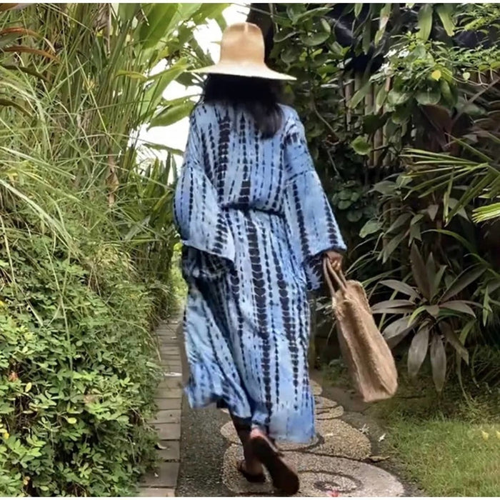 New Bohemian Tie Dye Blue Beach Swim Coverup Maxi Duster Front Tie Flowy Omb…