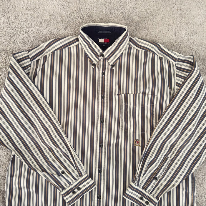 Pre - Loved Vintage Tommy Hilfiger Men’s 100% Cotton Collared Striped Long Sleeve Shirt XL
