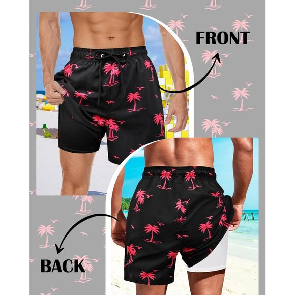 Men Black Swim Trunks Bathing Suits Board Beach Swim with Zipper Pocket Shorts