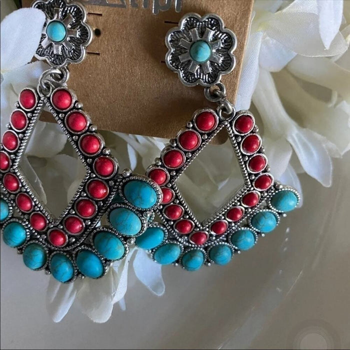 New Vintage Unique Red & Turquoise Multi Dangle Earrings