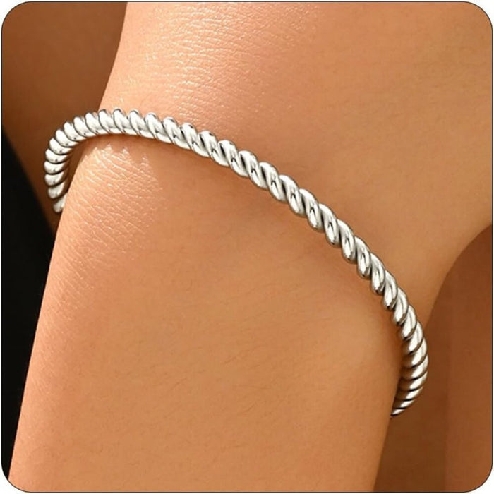 New Women 18K Gold Plated Twisted Chunky Cuff Bracelets Stainless Steel Bangle