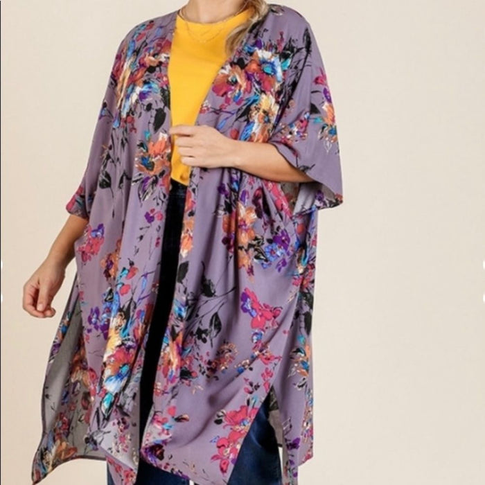 Brand New Umgee Kimono Open Front Mix Printed Floral With Side Slits Kimono NEW