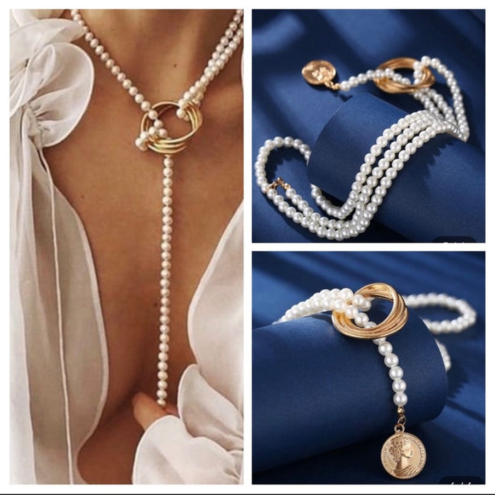 New Necklace  Boho Festival Gold Pearl Layered  Multistrand Chain ⭐️⭐️⭐️⭐️⭐️