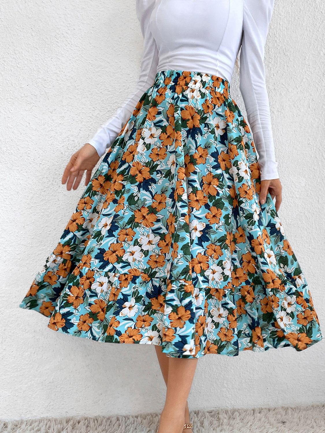 Printed Elastic Waist Midi Skirt