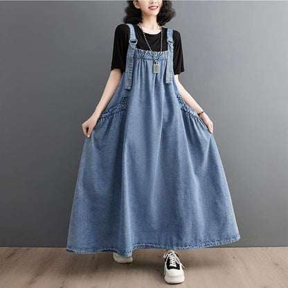 Boho Women Pinafore Dress Sleeveless  Blue Long Dress Size  M