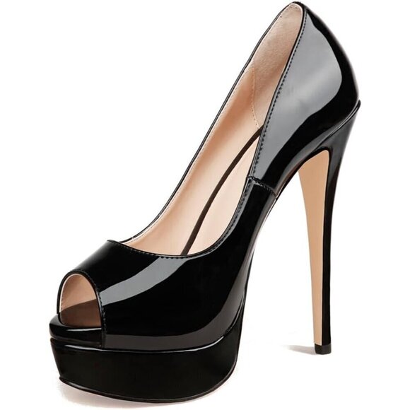 Women Black Platform Stiletto Heels Shoes Peep Toe Pumps 6 inch Heels for Dress