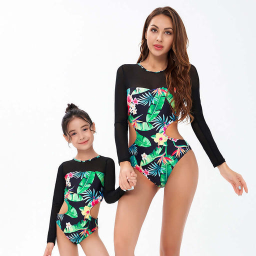 Parent-Child Swimwear New Long Sleeve Printed One Piece Bikini Kids Swimming Surf Snorkeling Swimwear