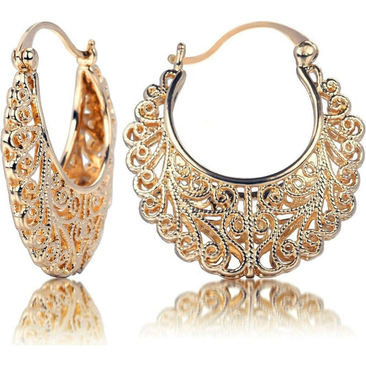 Vintage Women's Gold Filigree Oval Hollowed Gold Plated Dangle Earrings