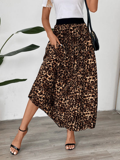 Perfee Pleated Leopard Maxi Skirt