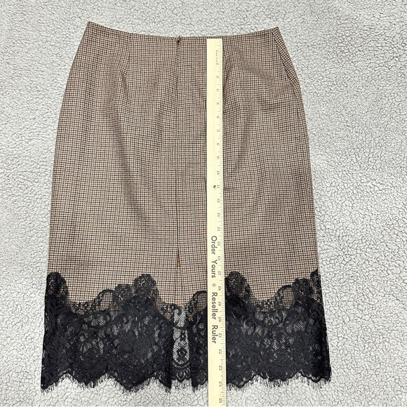Vince Camuto Plaid Pencil Skirt Lace Hem Size 2 Brown Black Elegant Career