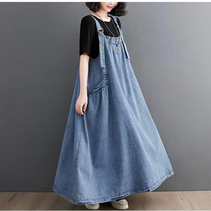 Boho Women Pinafore Dress Sleeveless  Blue Long Dress Size  M