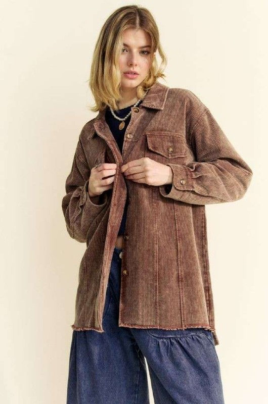 Davi & Dani Washed Corduroy Raw Hem Button Up Jacket