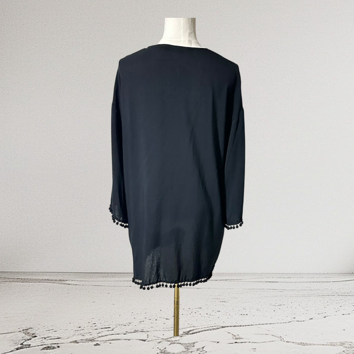 Kimono Black Open Front Cardigan with Pom Pom Trim