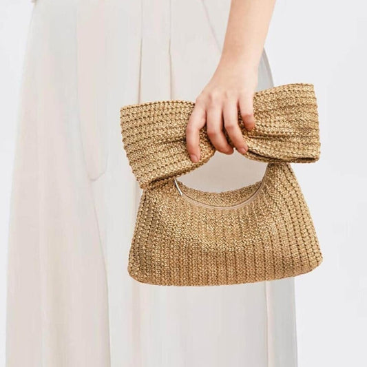 Women Tan Straw Big Bow Clutch Beach Tote Woven Handbag