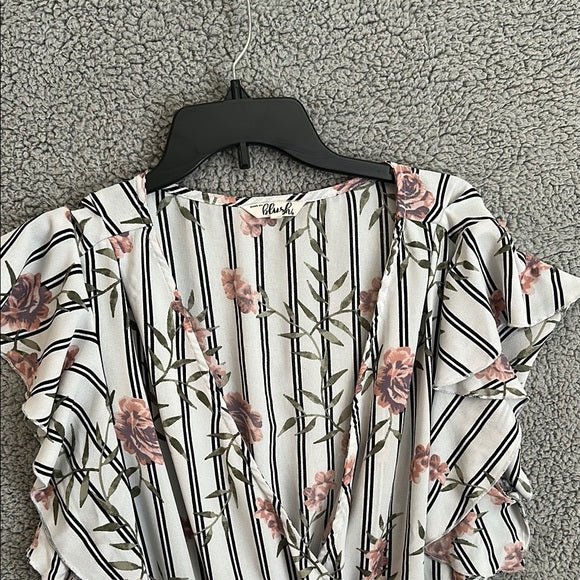 Blush Floral Striped Ruffle Sleeve Blouse