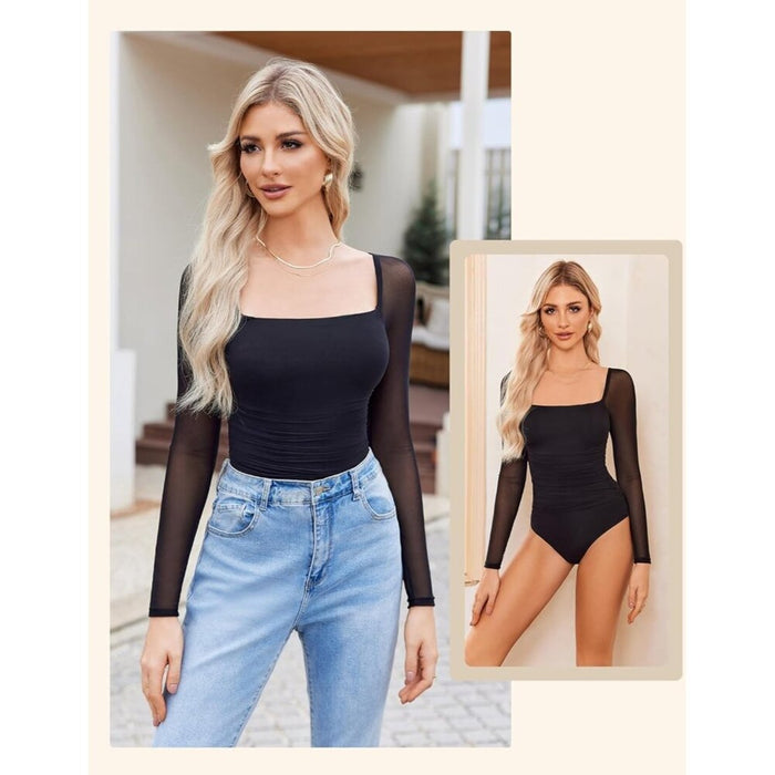 Women Black Square Neck Mesh Long Sleeve Bodysuit Shirts Sexy Sheer Tops