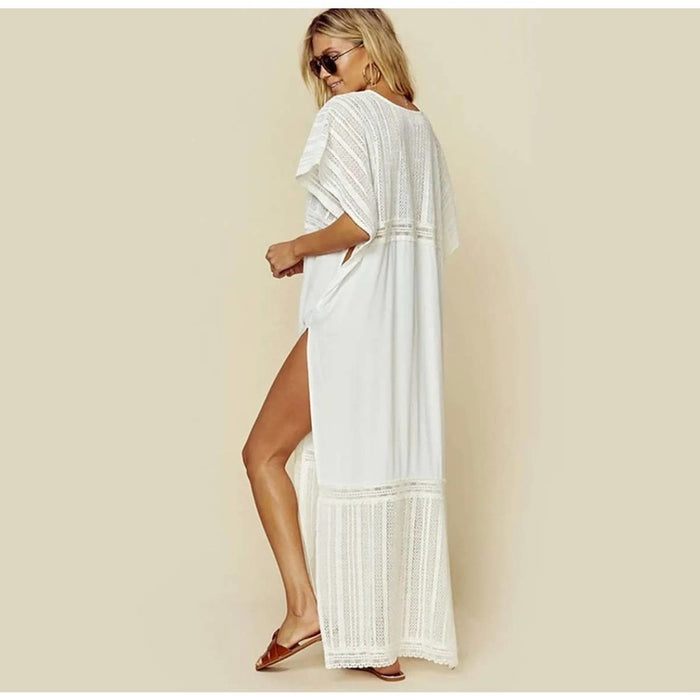NEW Brand Boho White Caftan Beach Swim Coverup Maxi Dress{white with Side Slit]