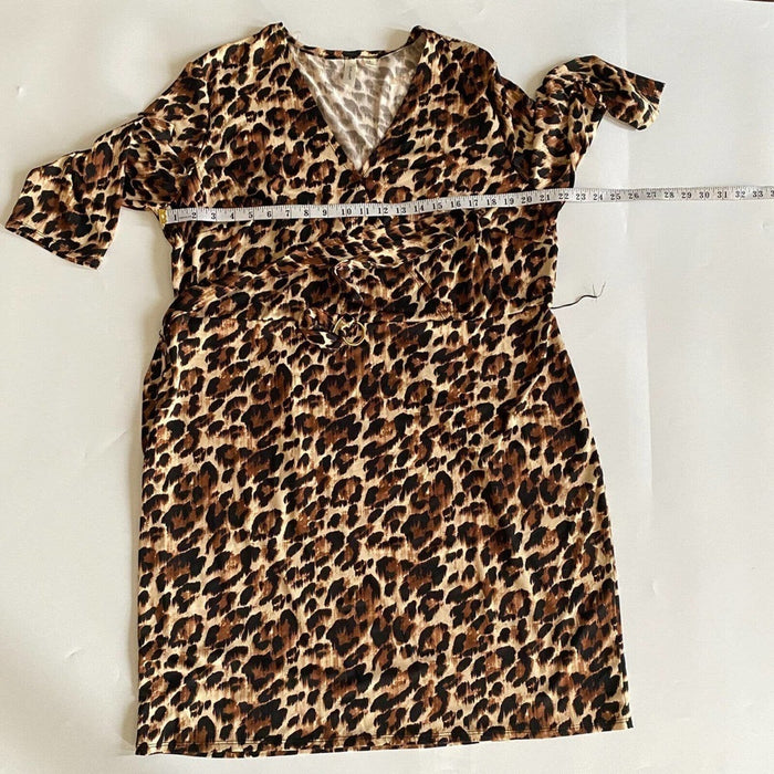 Tacera Size 2X Women’s 3/4 Animal Print V Neck Belted Mini Short Dress