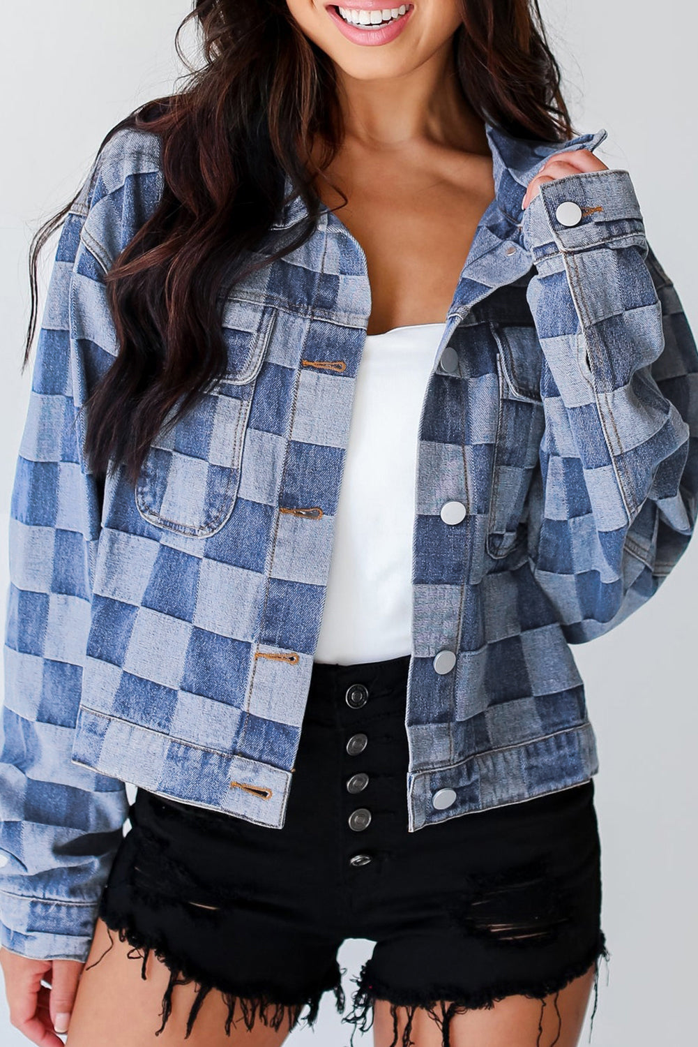 Checkered Button Up Denim Jacket