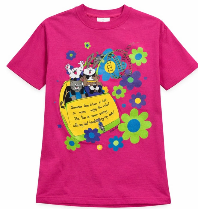 Vintage Pink Graphic Tee L Cotton Floral Cartoon