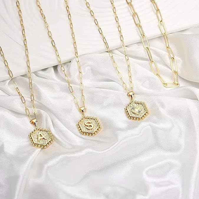 14K Gold Plated Paperclip Chain Necklace Hexagon Letter Pendant Choker Necklace