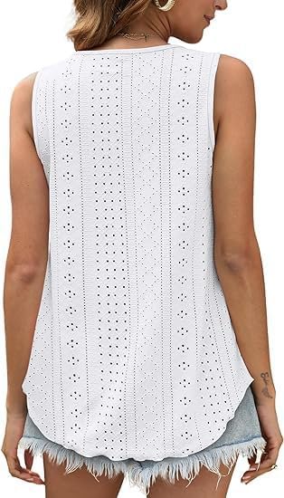 Womens Tank Tops Sleeveless Eyelet Embroidery Scoop Neck Loose Fit Casual Summer