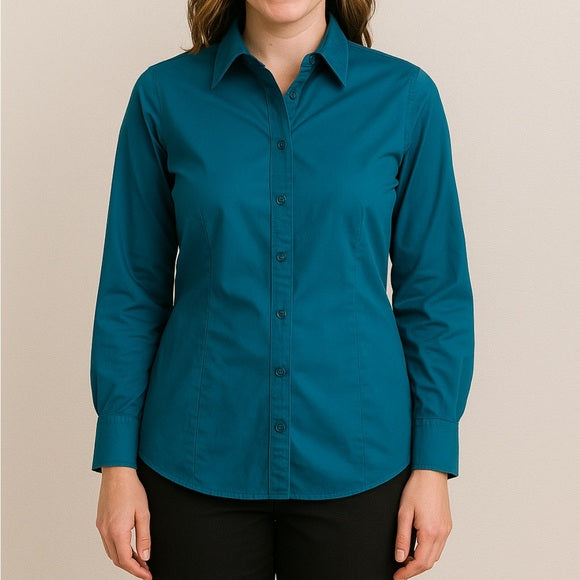 New York & Company Stretch Women’s Teal Button-Up Long Sleeve Size L Shirt