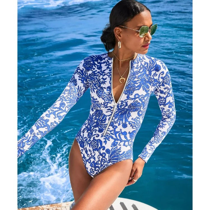 Blue printed sexy triangle one-piece swimsuit round neck racing zipper cross-border surfing suit