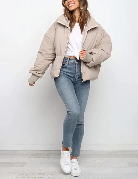 women’s cropped winter puffer jacket with stand collar and zippered pockets