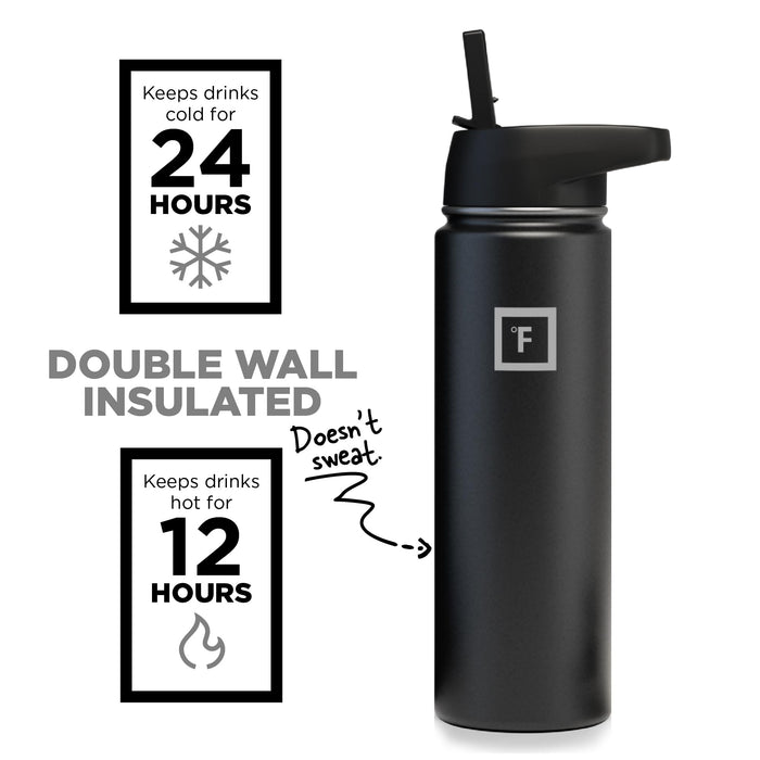 IRON °FLASK Sports Water Bottle - Wide Mouth with 3 Straw Lids - Stainless Steel Gym & Outdoor Bottles for Men, Women & Kids - Double Walled, Insulated Thermos, Metal Canteen - Midnight Black, 22 Oz
