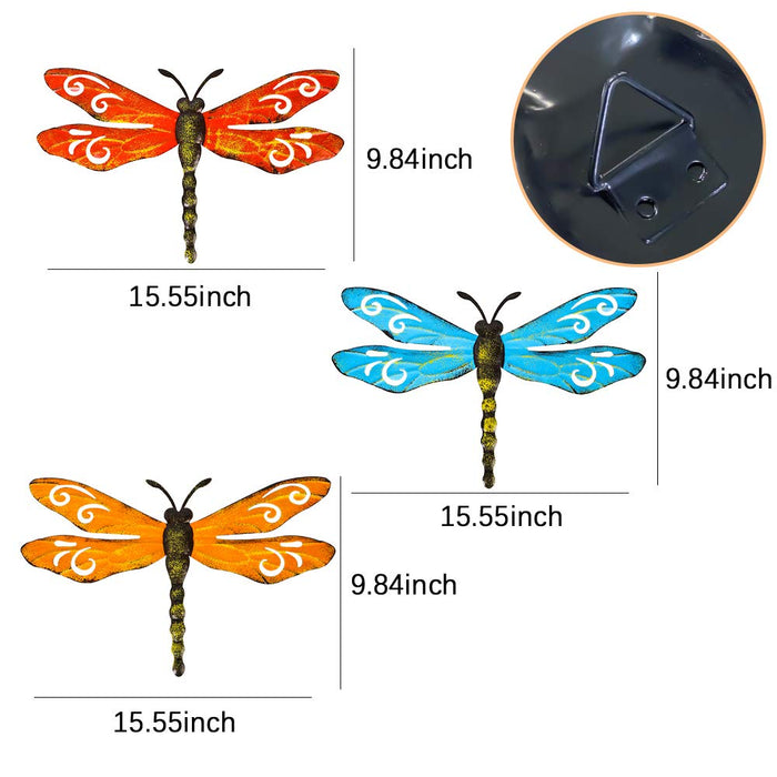 Scwhousi Metal Dragonfly Wall Decor Outdoor Garden Fence Art,Hanging Decorations for Living Room, Bedroom, 3 Pack