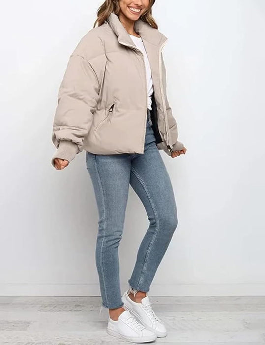 women’s cropped winter puffer jacket with stand collar and zippered pockets