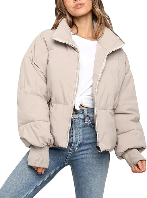 women’s cropped winter puffer jacket with stand collar and zippered pockets