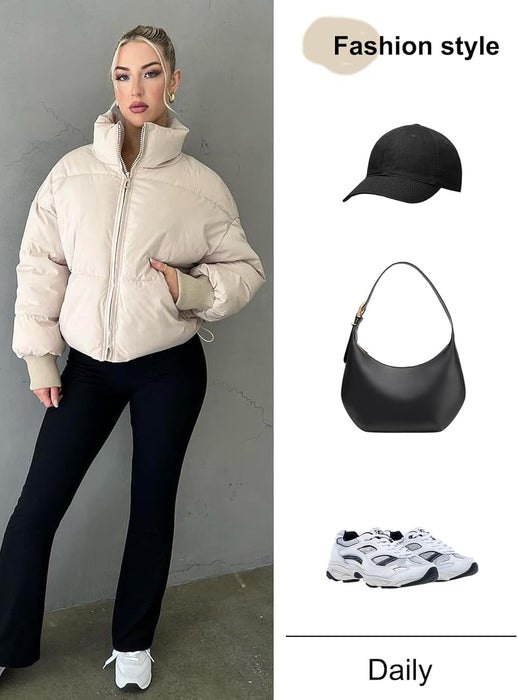 women’s cropped winter puffer jacket with stand collar and zippered pockets