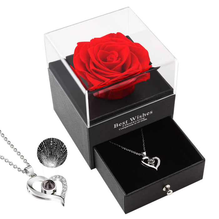 Preserved Red Roses with "I Love You" Necklace - Eternal Love Gift Set
