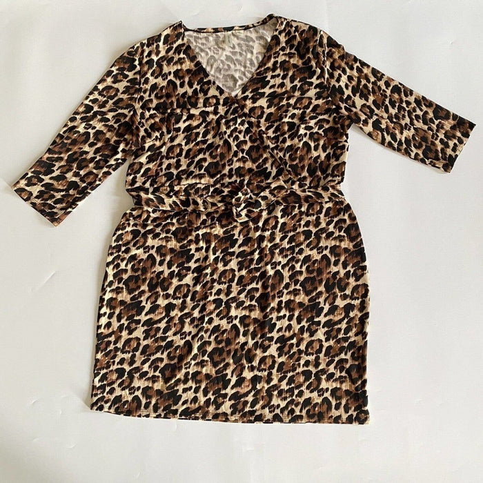 Tacera Size 2X Women’s 3/4 Animal Print V Neck Belted Mini Short Dress