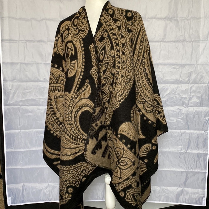 NEW!Coverup  Jacquard  Poncho Reversible BrownBlack Cute Super Soft Styl…