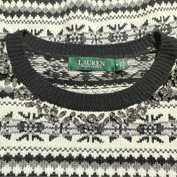 Pre - Loved Lauren Ralph Lauren Women’s Black & White Beaded Christmas Sweater – Size Medium Crewneck Knit Top | Free & Fast Shipping