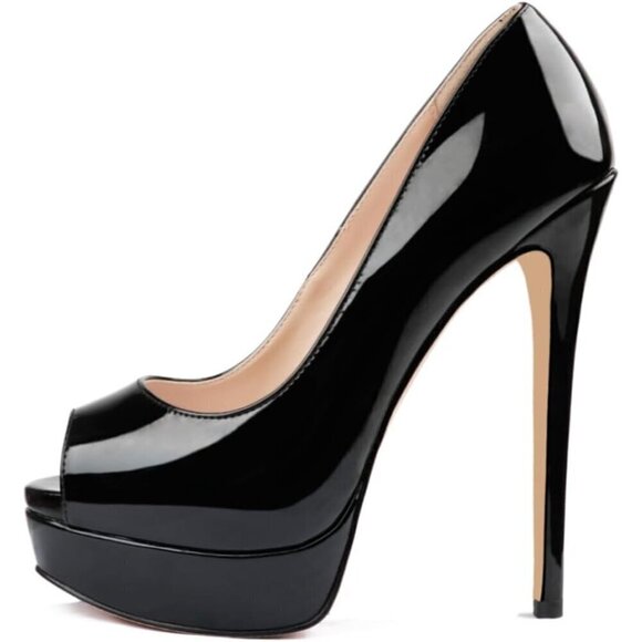 Women Black Platform Stiletto Heels Shoes Peep Toe Pumps 6 inch Heels for Dress